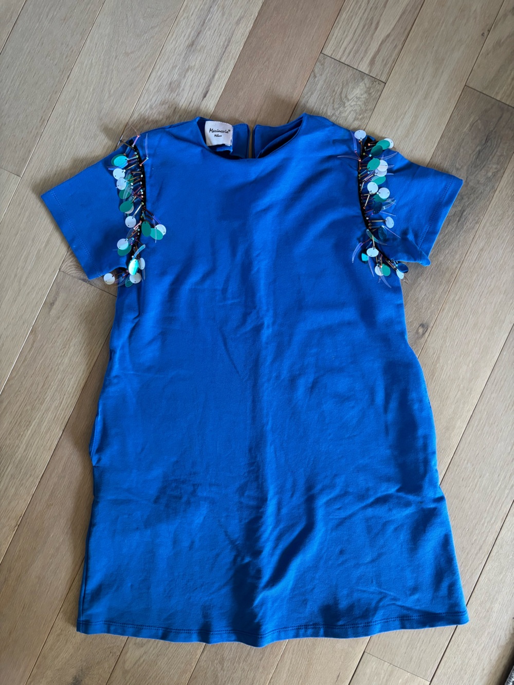 Blue Sequin Trim Short Sleeve Dress